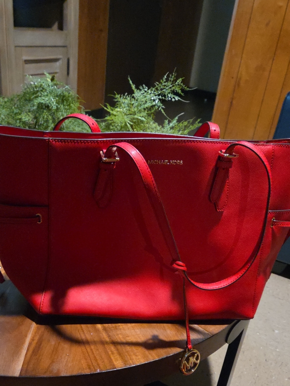 Michael Kors Red Saffiano Tote with Gold Hardware